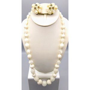 Vintage Classy White Beaded Parure, West Germany Double Strand Necklace
